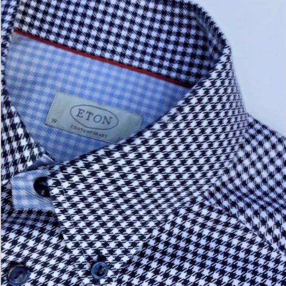 ETON contemporary dark blue mini checkered cotton shirt Sz 15.5 made in Europe - Picture 1 of 10